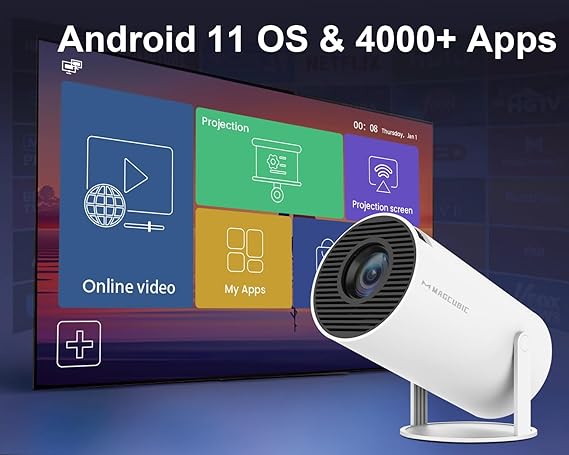 Krimostore 4K mini projector, portable WiFi 6 Android 11 movie projector — view 4